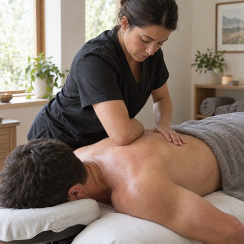 Therapist applying focused forearm pressure to a client's back during deep tissue massage
